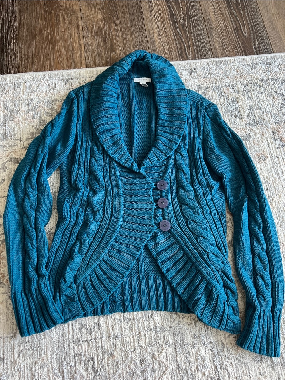 Medium Cable-Knit Shawl Collar Button-Front Cardigan Sweater Teal Blue Green